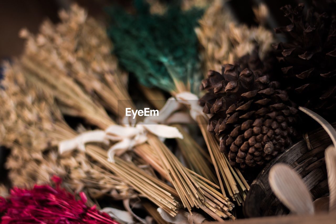 Close-up of pine cone with flowers on table