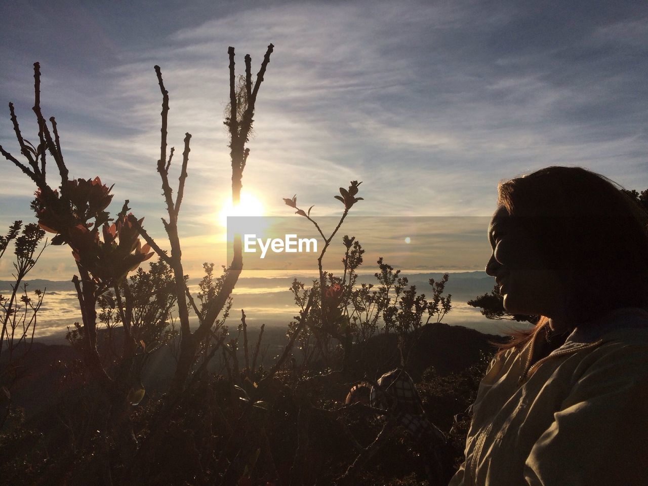 Happy woman by plants against sky during sunrise