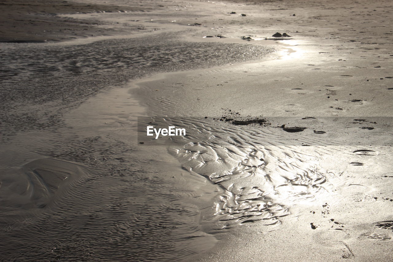 High angle view of footprints on wet sand