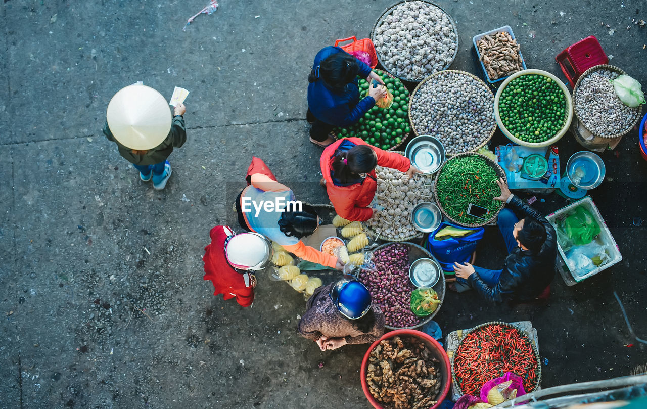 High angle view of people trading in a local market