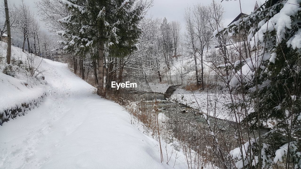 Snow covered landscape against sky