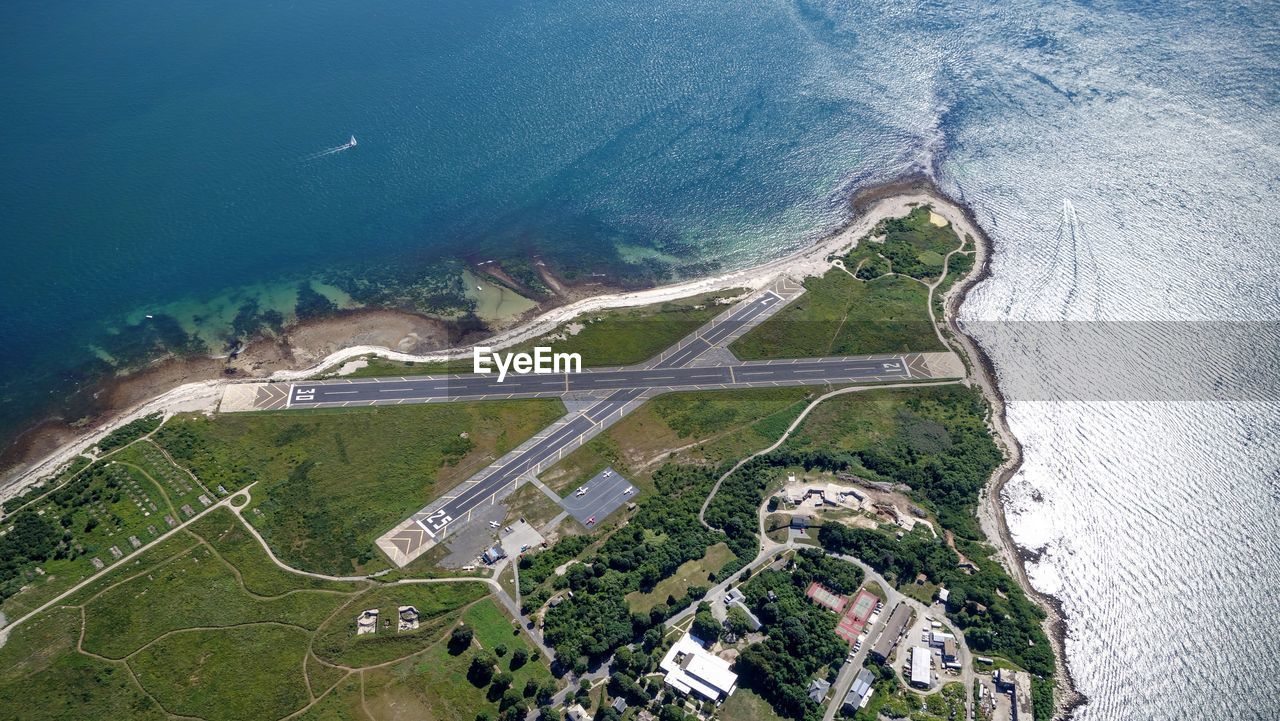 Aerial view of elizabeth field at fishers island in sea