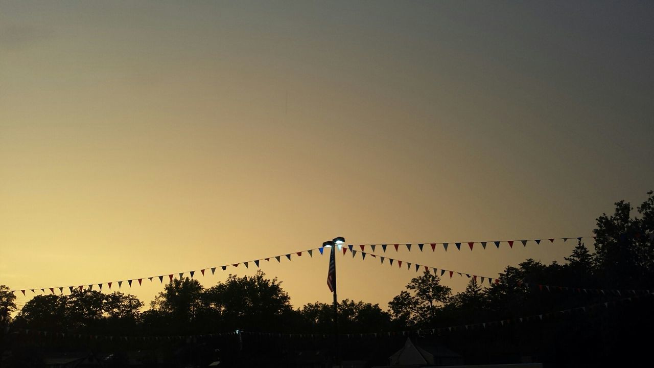 Low angle view of flags and trees against clear sky