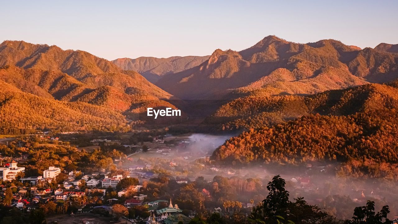 Scenic view of mountains against clear sky at mae hong son, thailand.
