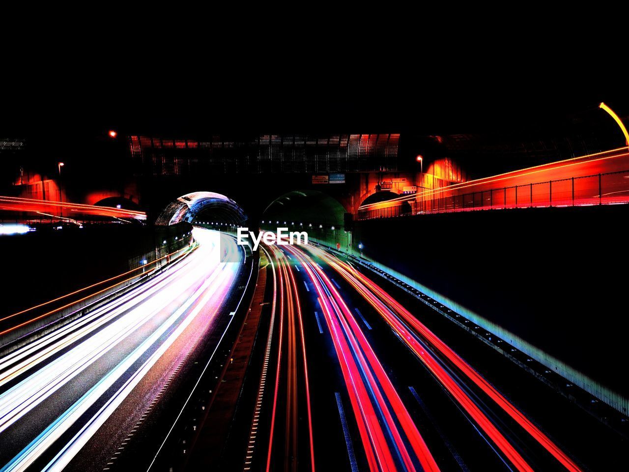 Light trails on road at night