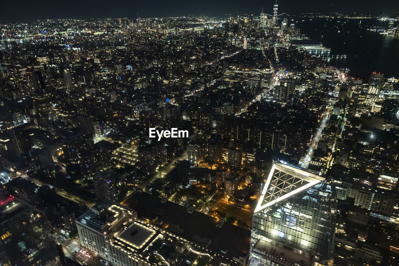 high angle view of illuminated cityscape