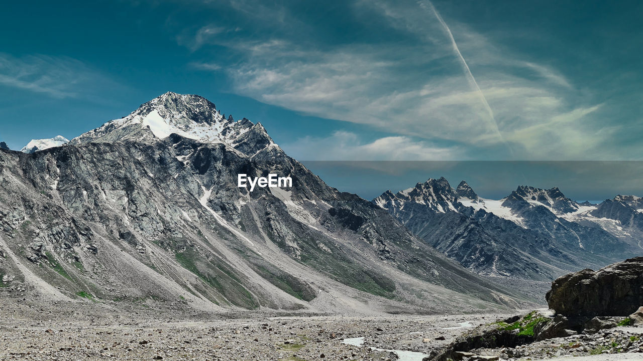 Scenic view of snow capped mountains against sky