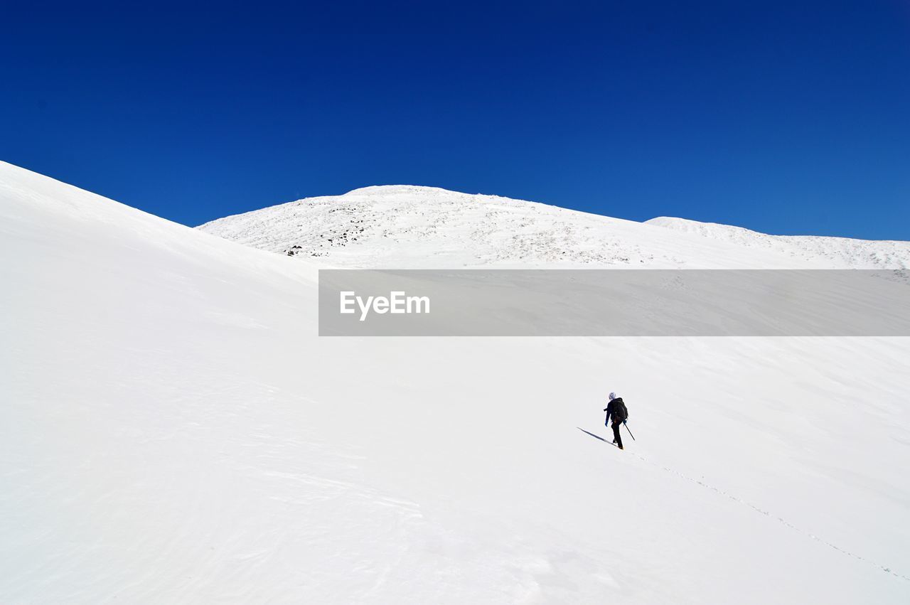 Rear view of man on snowcapped mountain 