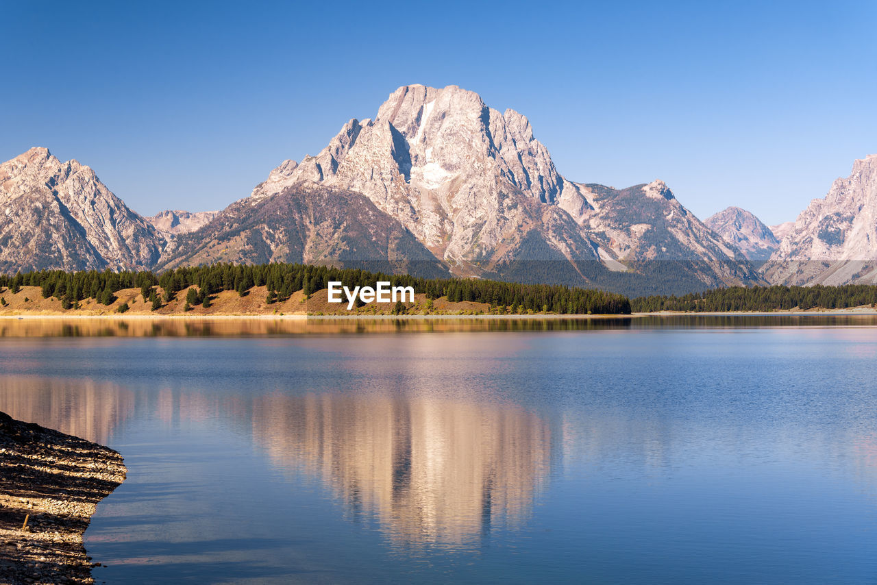 Scenic view of lake and mountains against clear blue sky