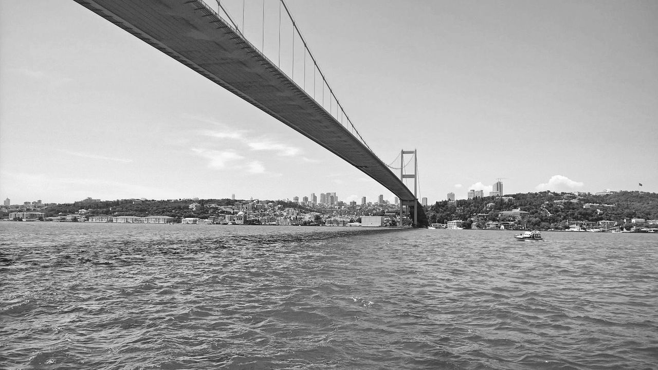 View of bridge from below against cloudy sky
