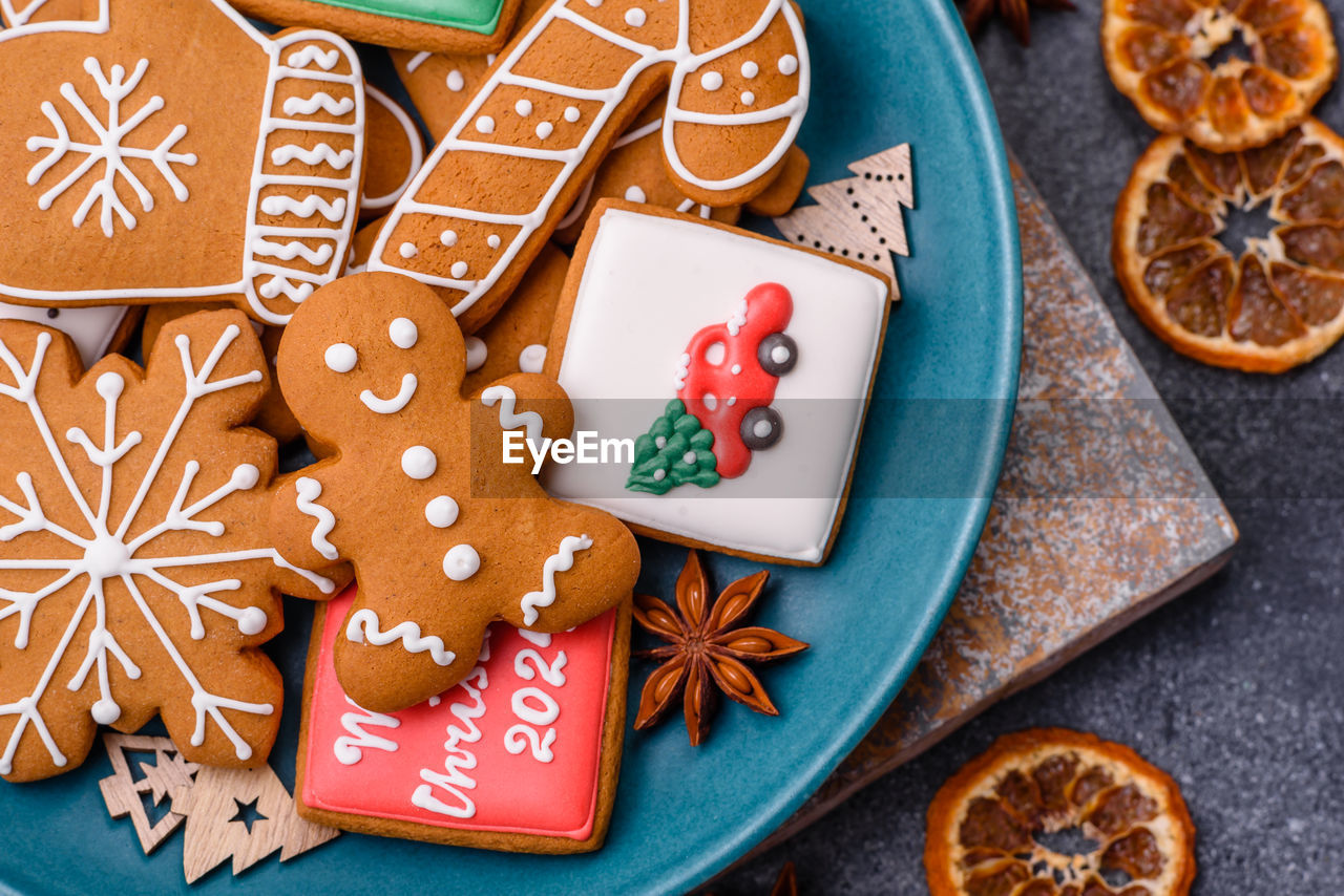 high angle view of christmas cookies on table