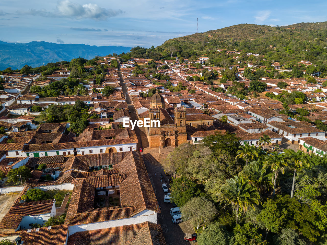 high angle view of buildings in town