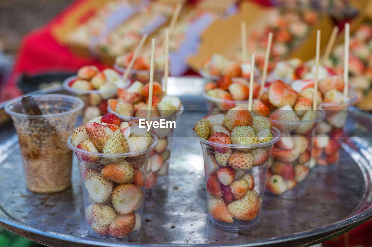 Close-up of fruits served on table