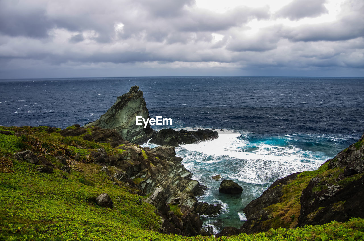SCENIC VIEW OF SEA BY ROCKS AGAINST SKY