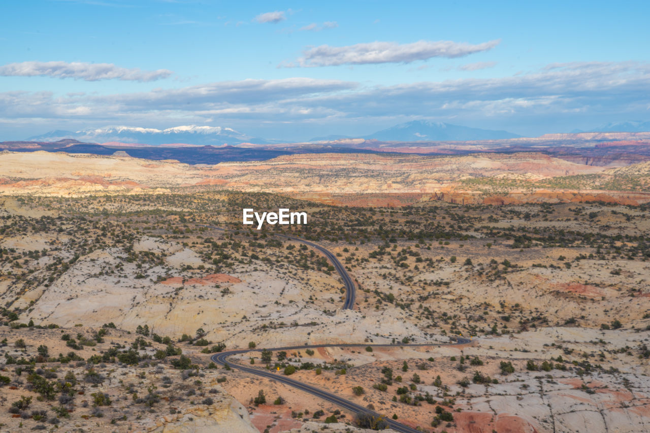 High angle view of land against sky