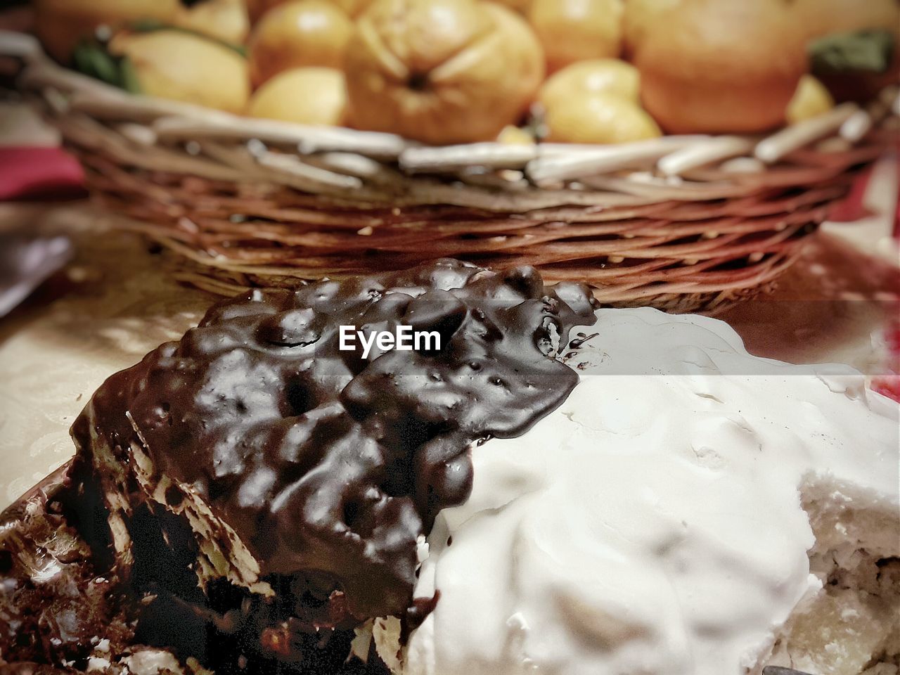 Close-up of pignolata and basket