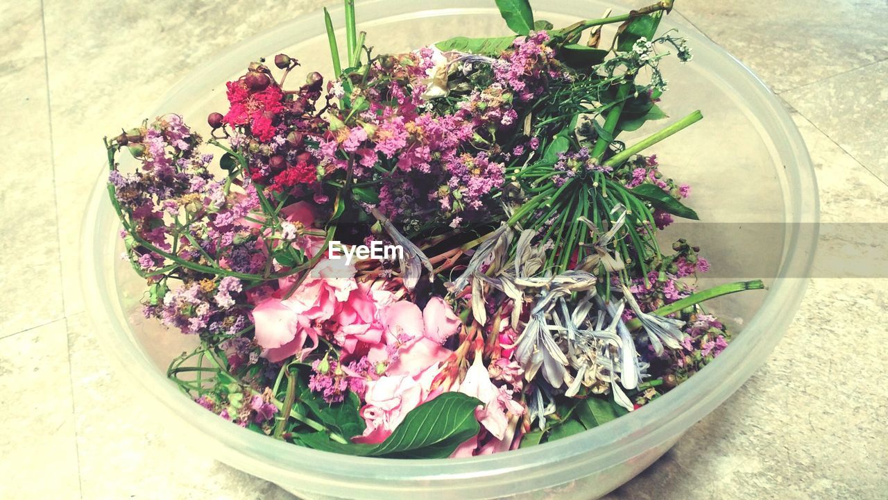 Pink flowers in bowl on table