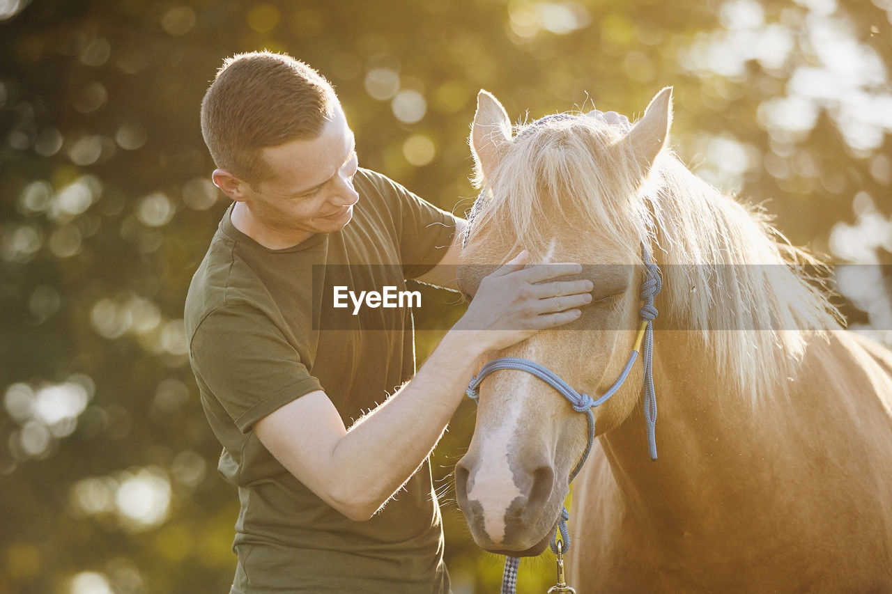 Man is embracing of therapy horse. themes hippotherapy and friendship between people and animals.