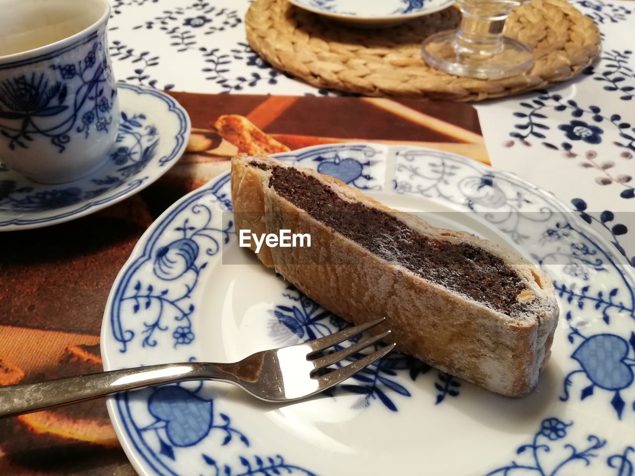 High angle view of food, cake served on table