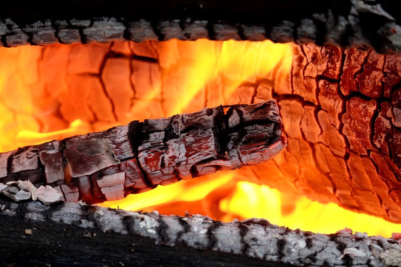 CLOSE-UP OF ORANGE BURNING ON WOOD