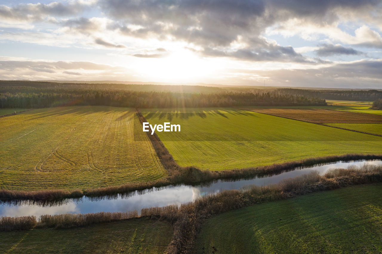 High angle view of river and fields