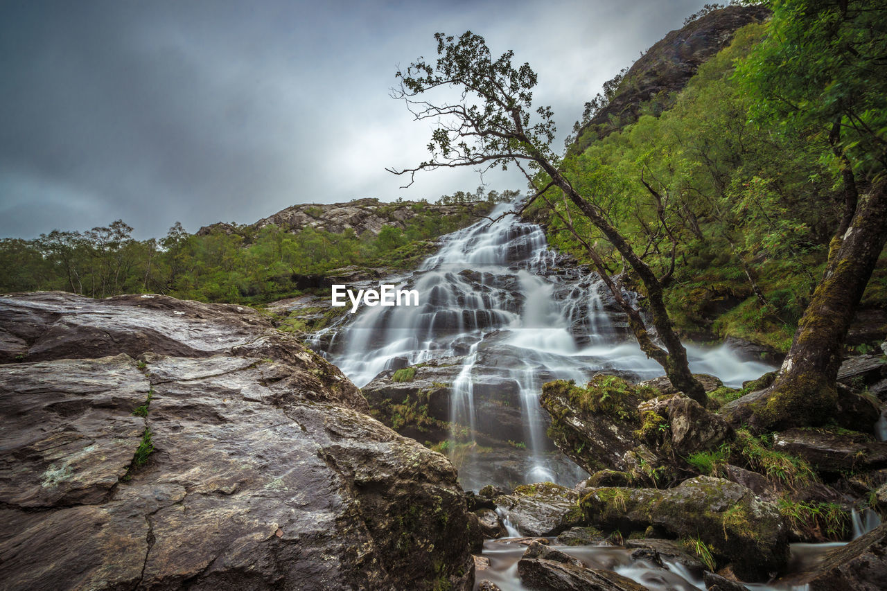 Scenic view of waterfall against sky