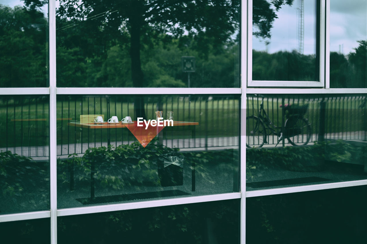 Coffee cups behind glass window