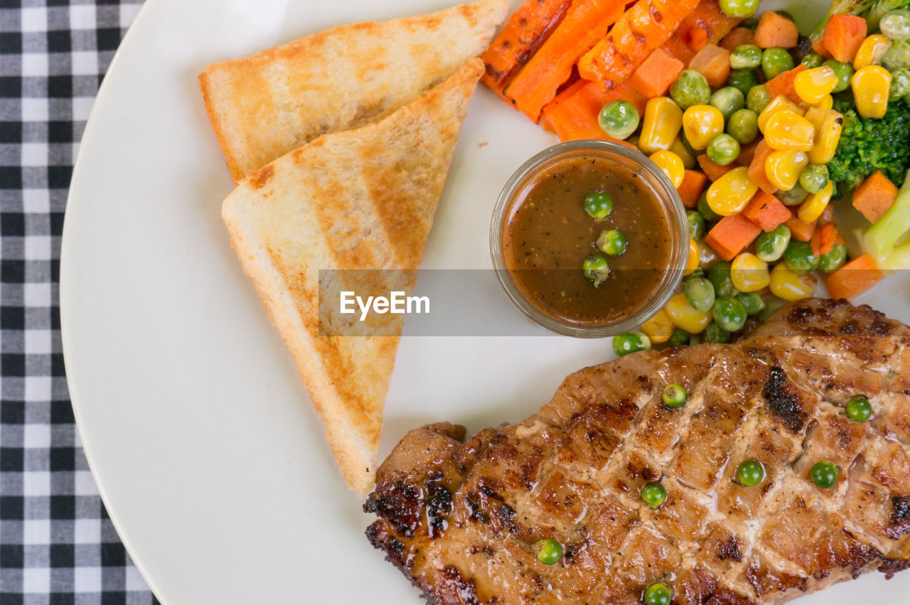 high angle view of food served in plate on table