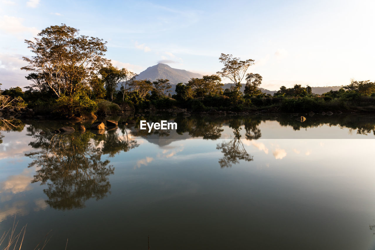 Reflection of trees in lake against sky