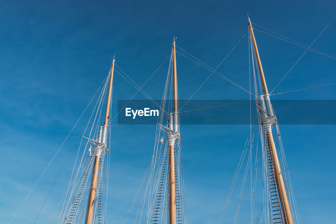 Low angle view of mast against clear blue sky