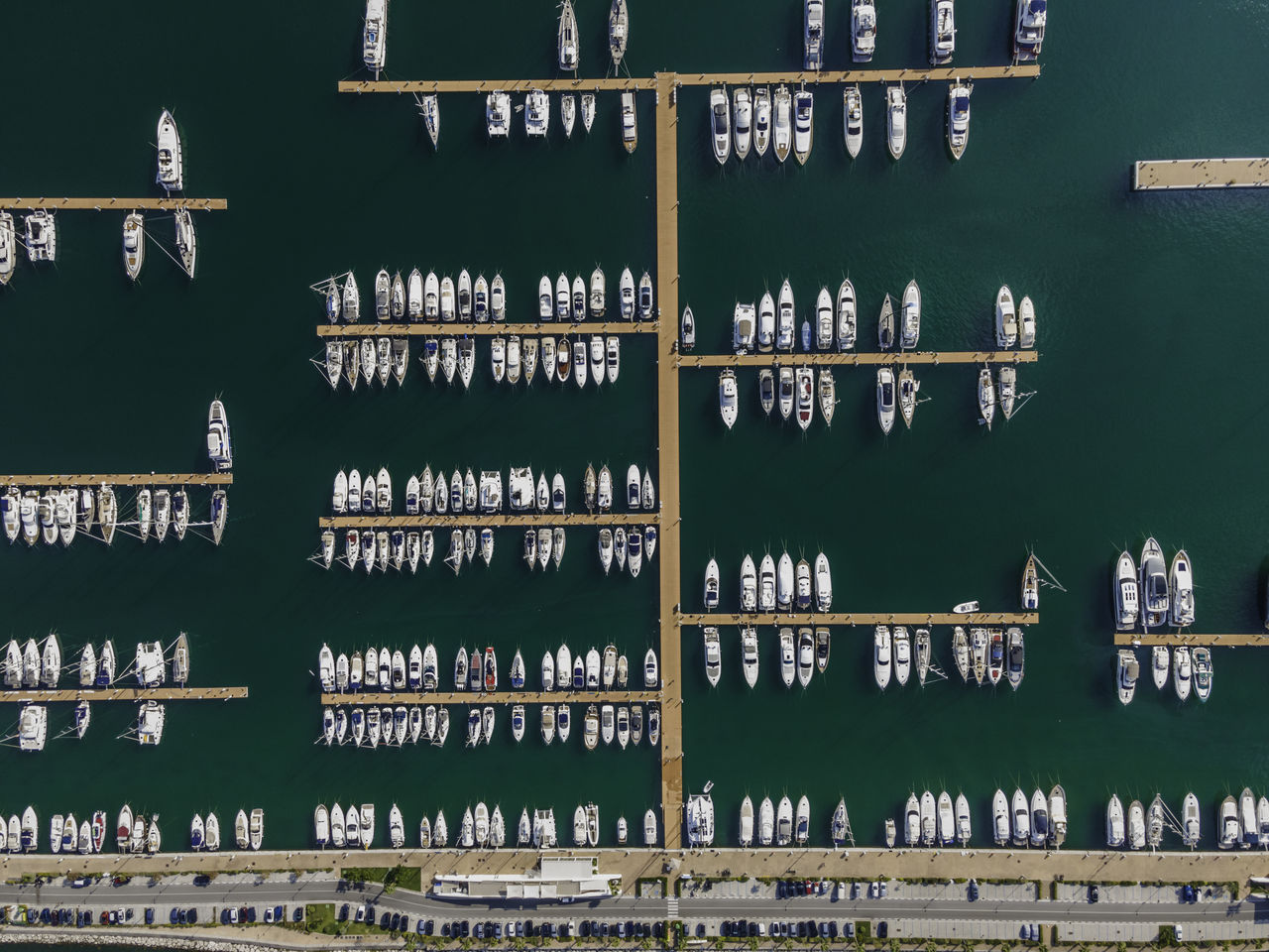 Aerial view of boats moored at harbor