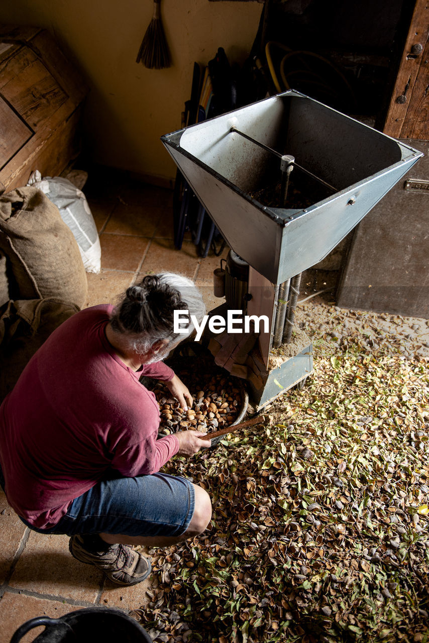 Male farmer checking his almond harvest after.