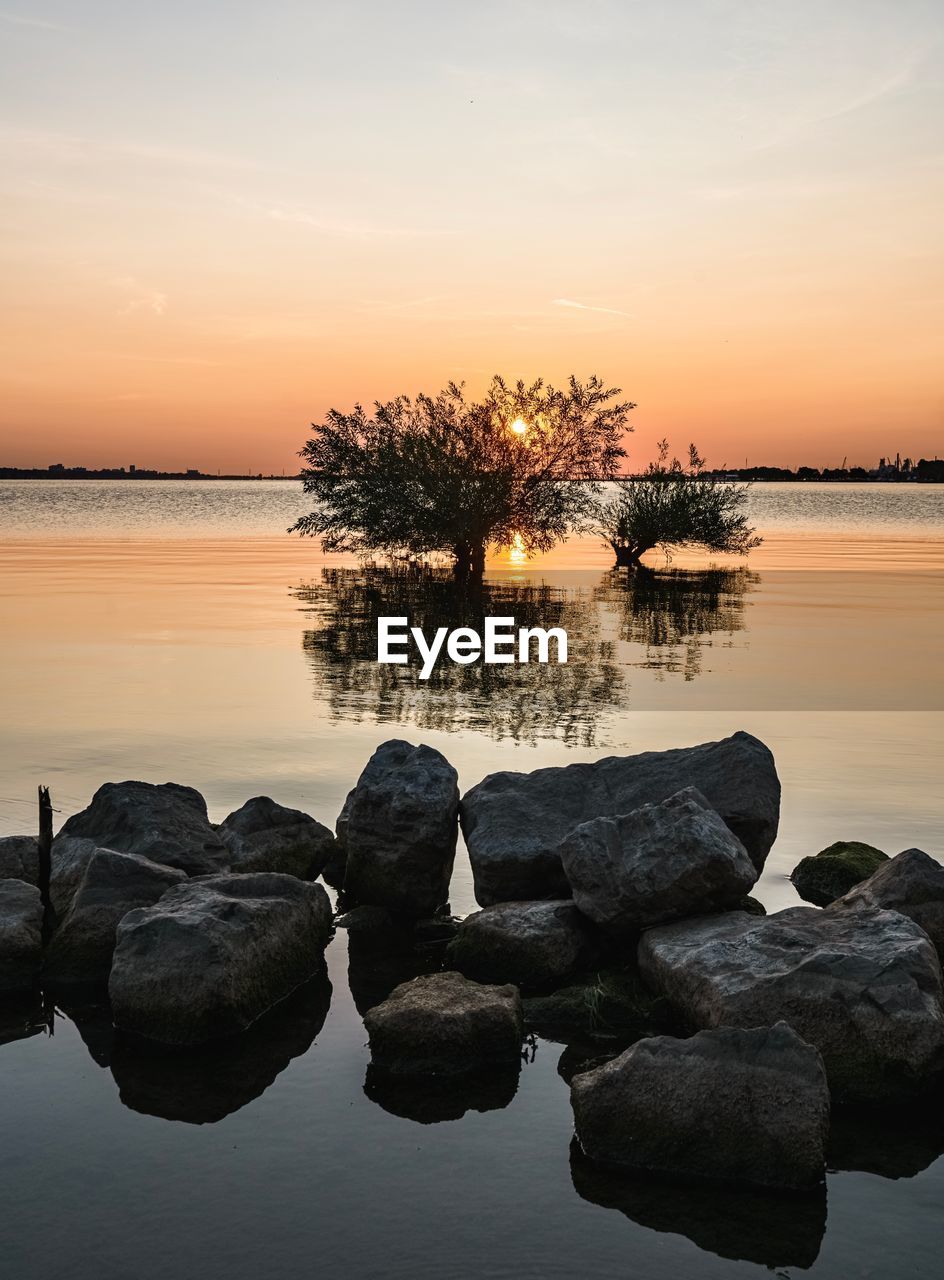 Scenic view of lake against sky during sunset