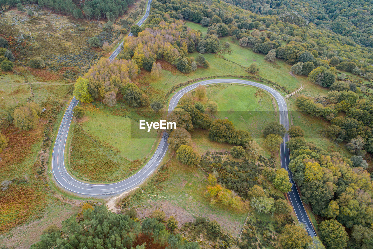 Aerial view of forest road in beautiful autumn at sunset. curved road in the mountains.