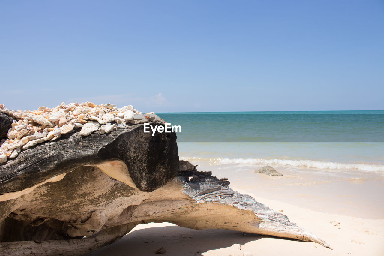 ROCKS ON BEACH AGAINST CLEAR BLUE SKY