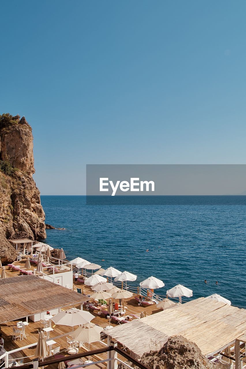 Scenic view of sea against clear blue sky