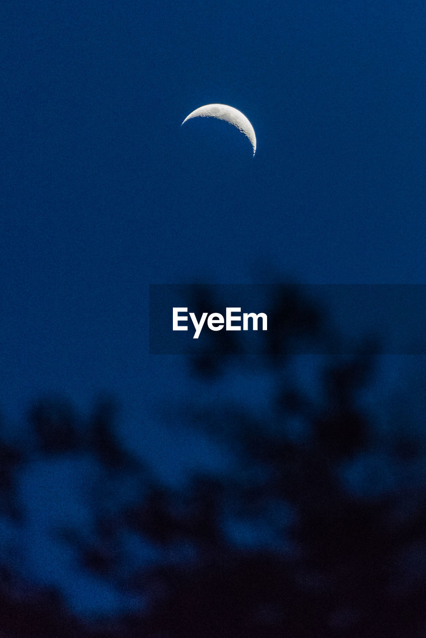 Low angle view of moon in clear blue sky at night