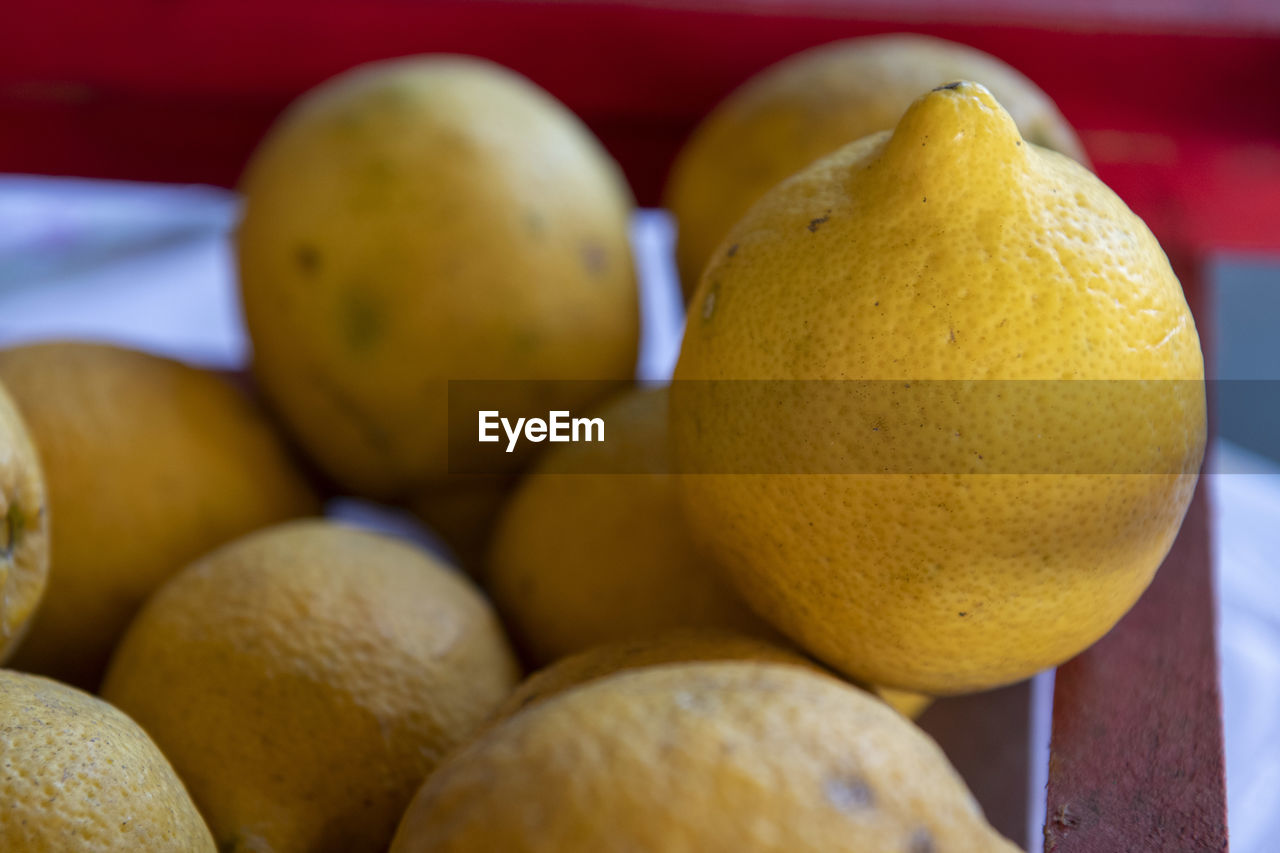 Group of sicilian lemons on a basket table.