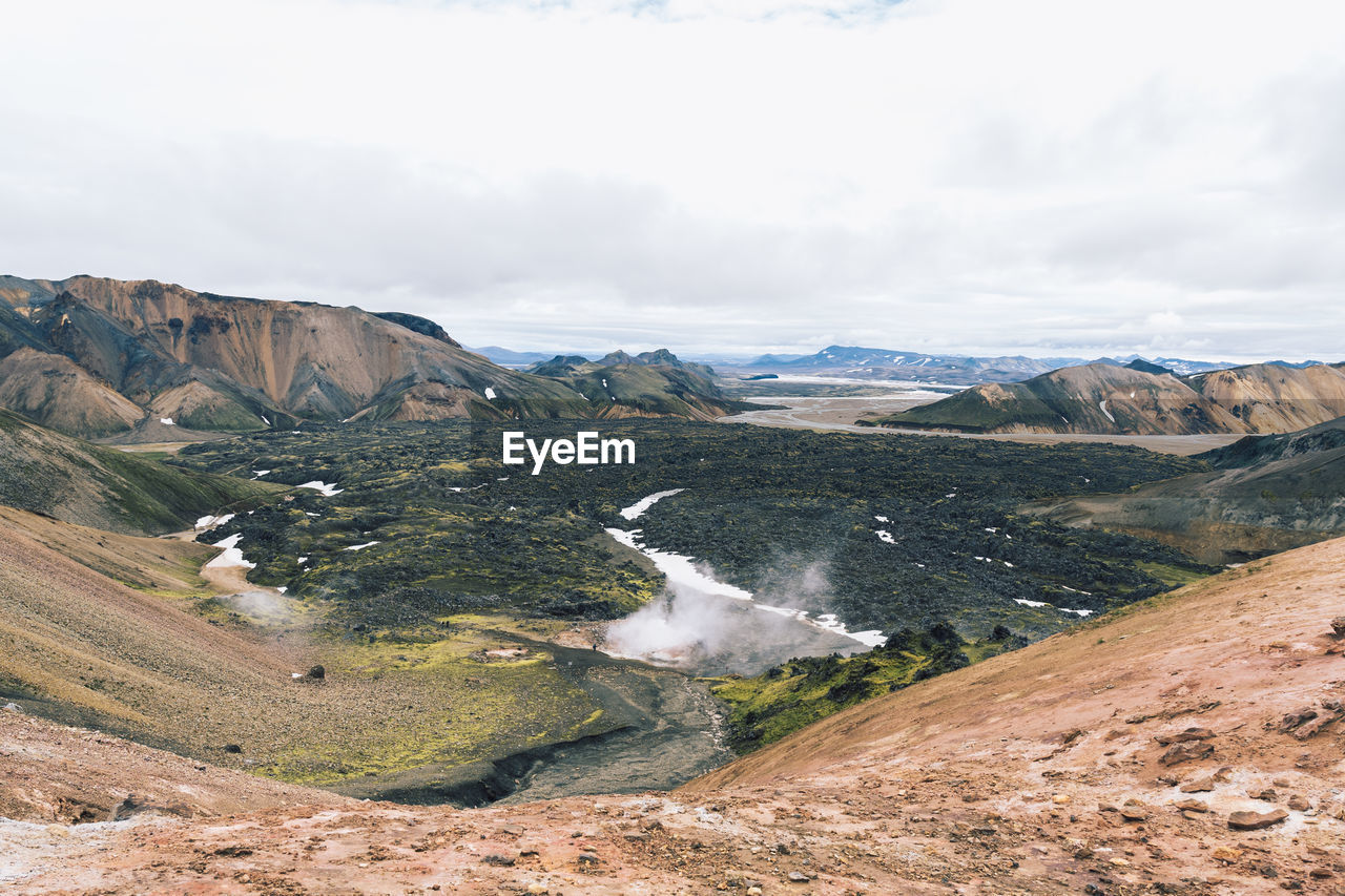 View of volcanic landscape in iceland on a cloudy day