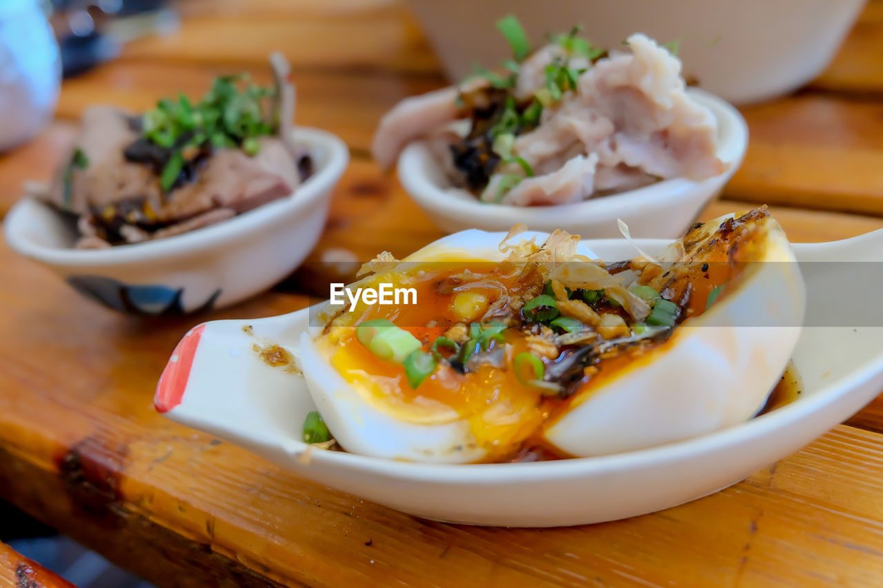 Close-up of meal served on table