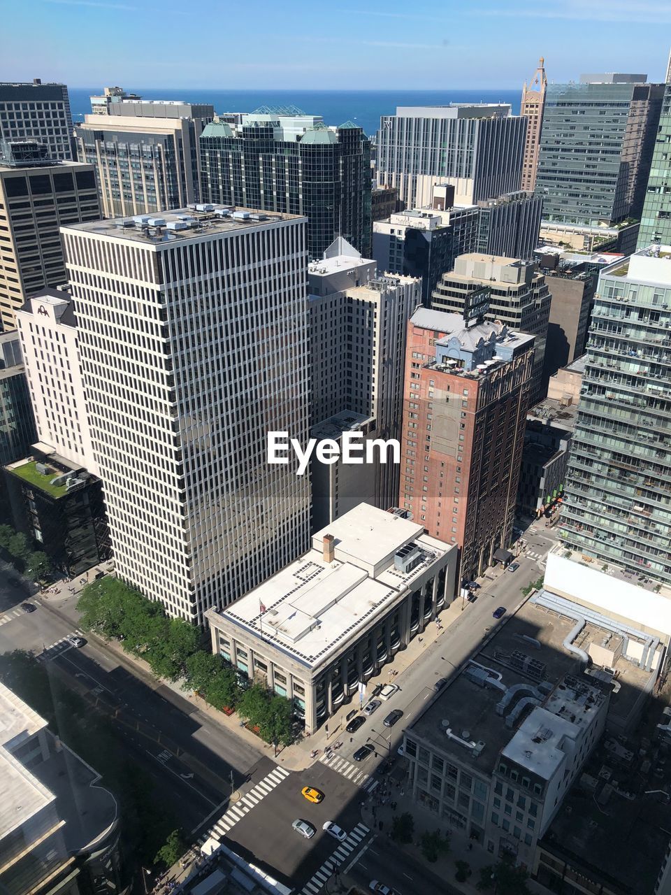 High angle view of modern buildings in city