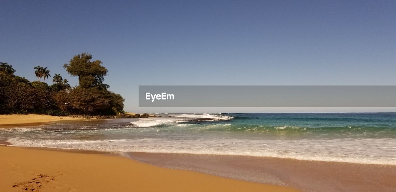 Scenic view of beach against clear sky