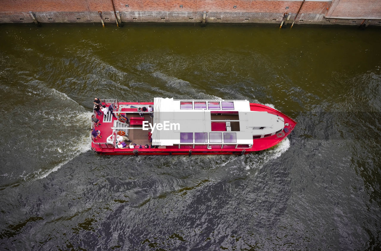 High angle view of red boat on river