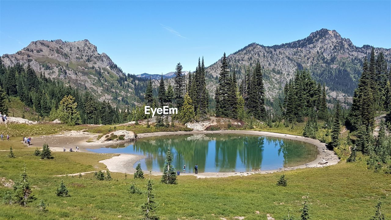 Scenic view of lake and mountains against sky