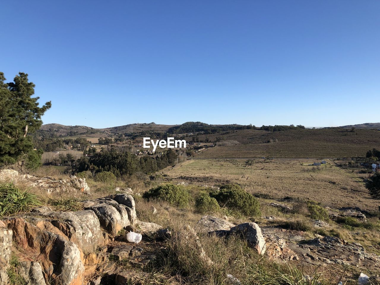 PANORAMIC VIEW OF LANDSCAPE AGAINST CLEAR BLUE SKY