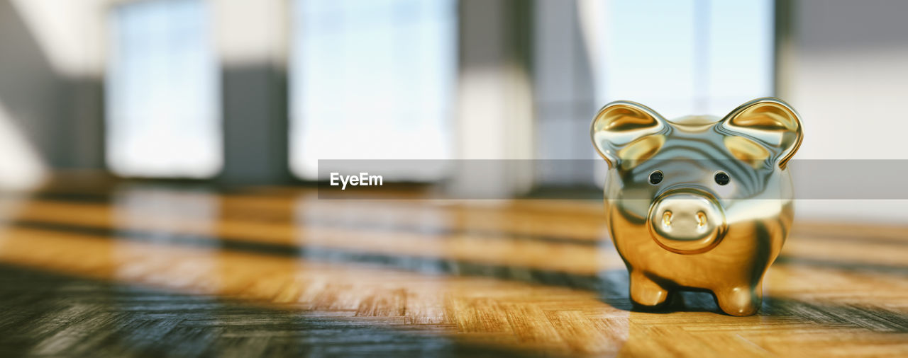 Piggy bank on hardwood floor