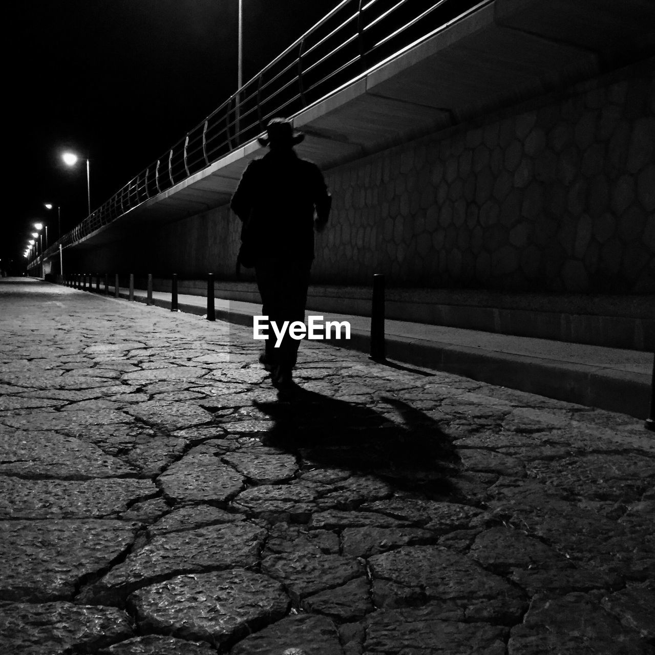 Rear view of silhouette man walking on street at night