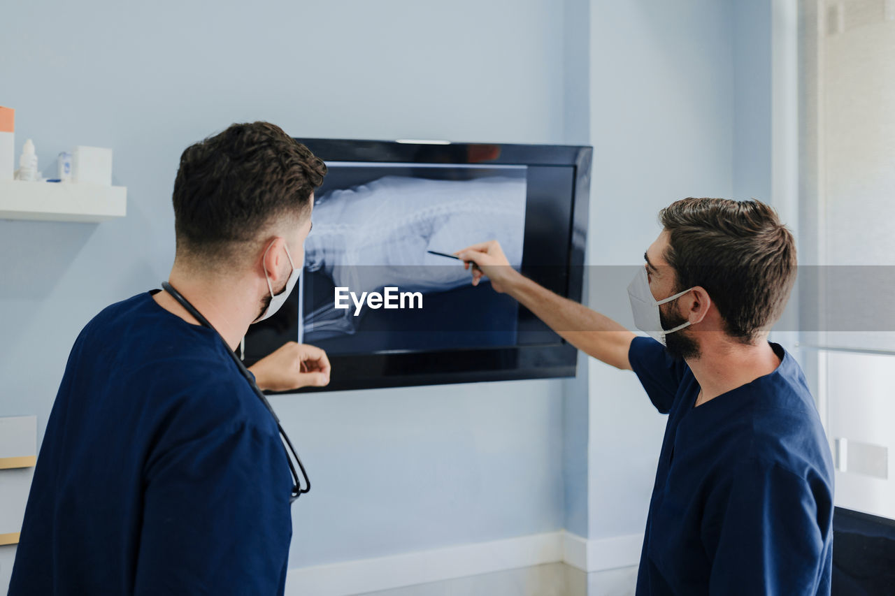 Side view of unrecognizable male vets in masks interacting while looking at monitor with x ray illustration in hospital