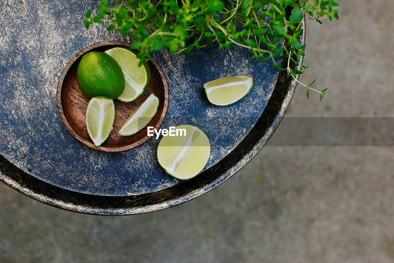 High angle view of lime on table