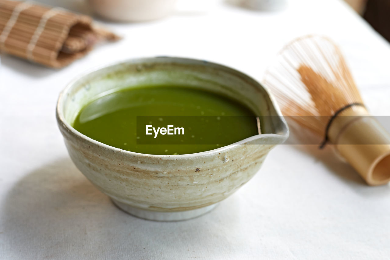 high angle view of soup in bowl on table